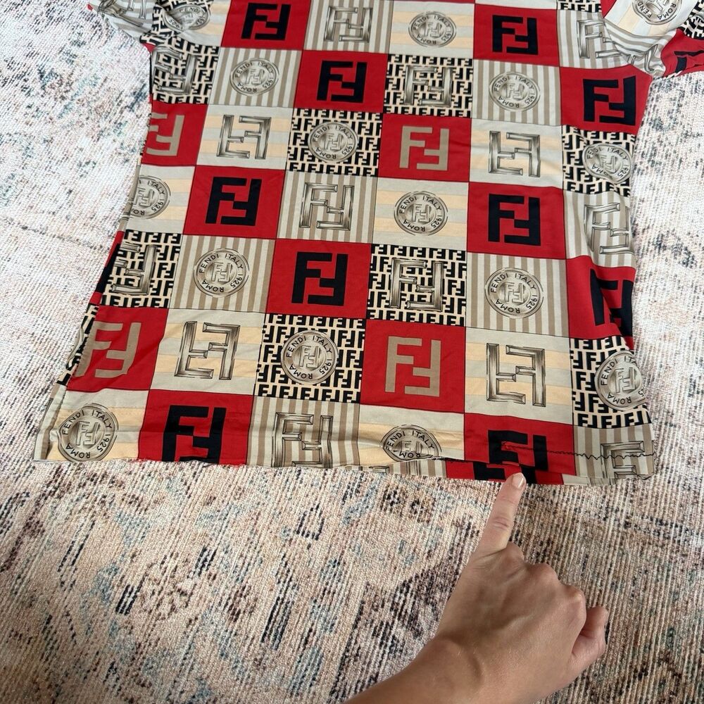 Vintage Fendi Jeans Logo Coin Print Shirt Size M Red Brown Top Women’s Blouse - Picture 12 of 13